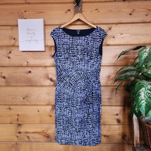 Chaps Dresses & Skirts - CHAPS Dress Sheath Sleeveless Moc Faux Wrap Jersey Batik Geo Blue Stretch Size L